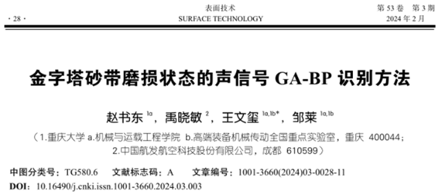 【高性能表面先进磨粒加工技术】重庆大学王文玺等：金字塔砂带磨损状态的声信号GA-BP识别方法